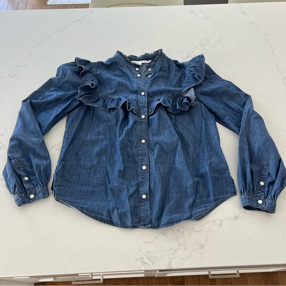 Veronica Beard Denim Ruffle Button-Down Shirt in Dark Blue